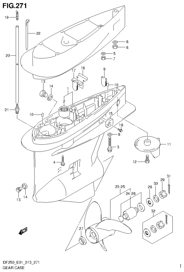 Suzuki DF200T, DF200Z, DF225T, DF225Z, DF250T, DF250Z GEAR CASE (DF250T E1) parts diagram